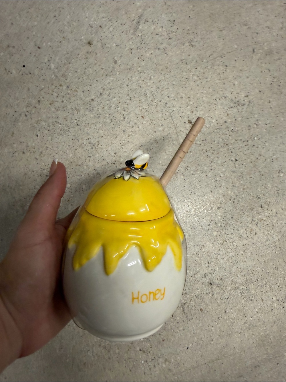 Ceramic Honey Pot with Bee Lid - Yellow & White